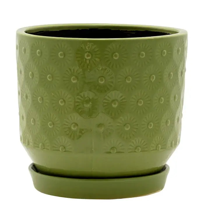 Olive Green Planter with Embossed Sunburst