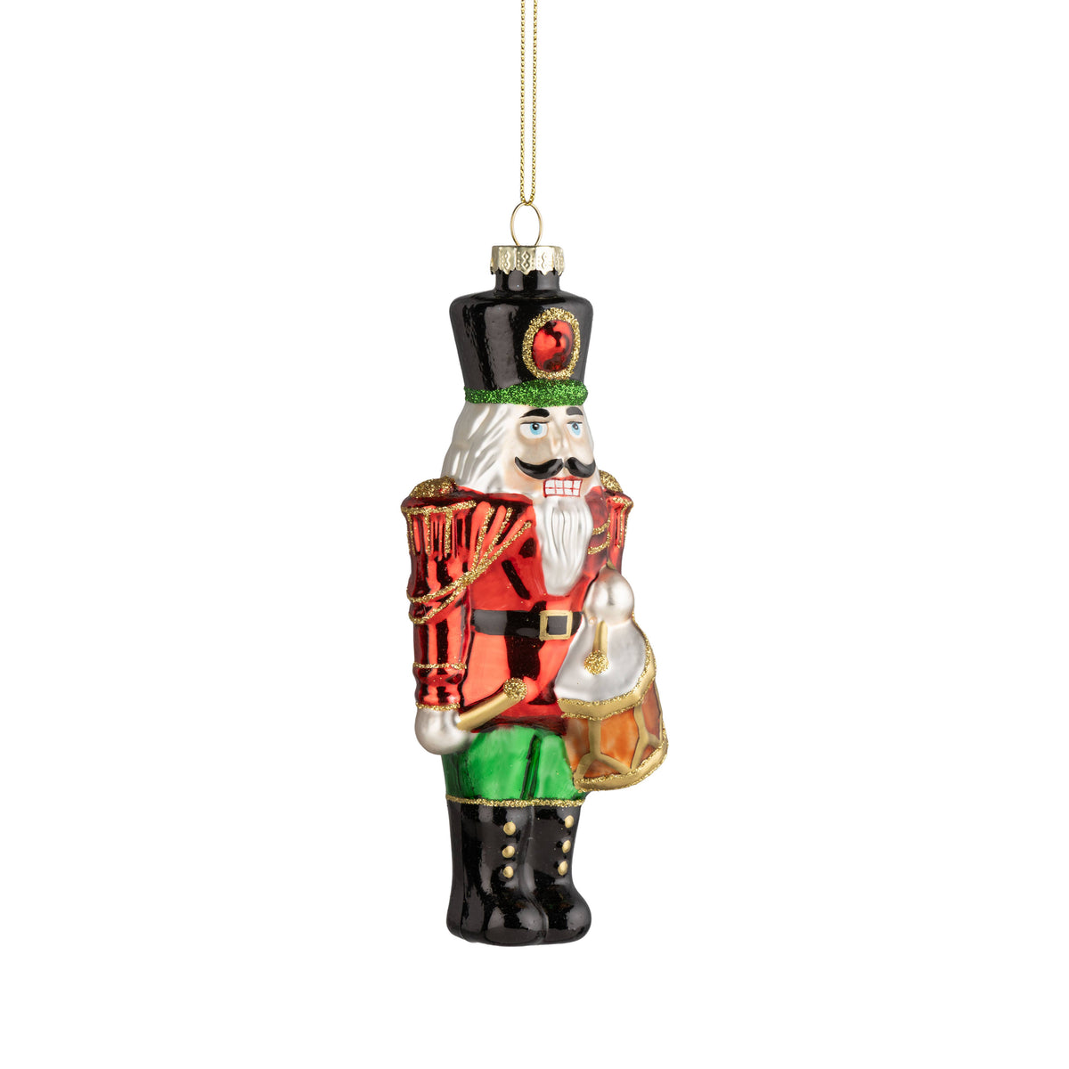 Glass nutcracker orn w/ drum, metallic finish 6.25