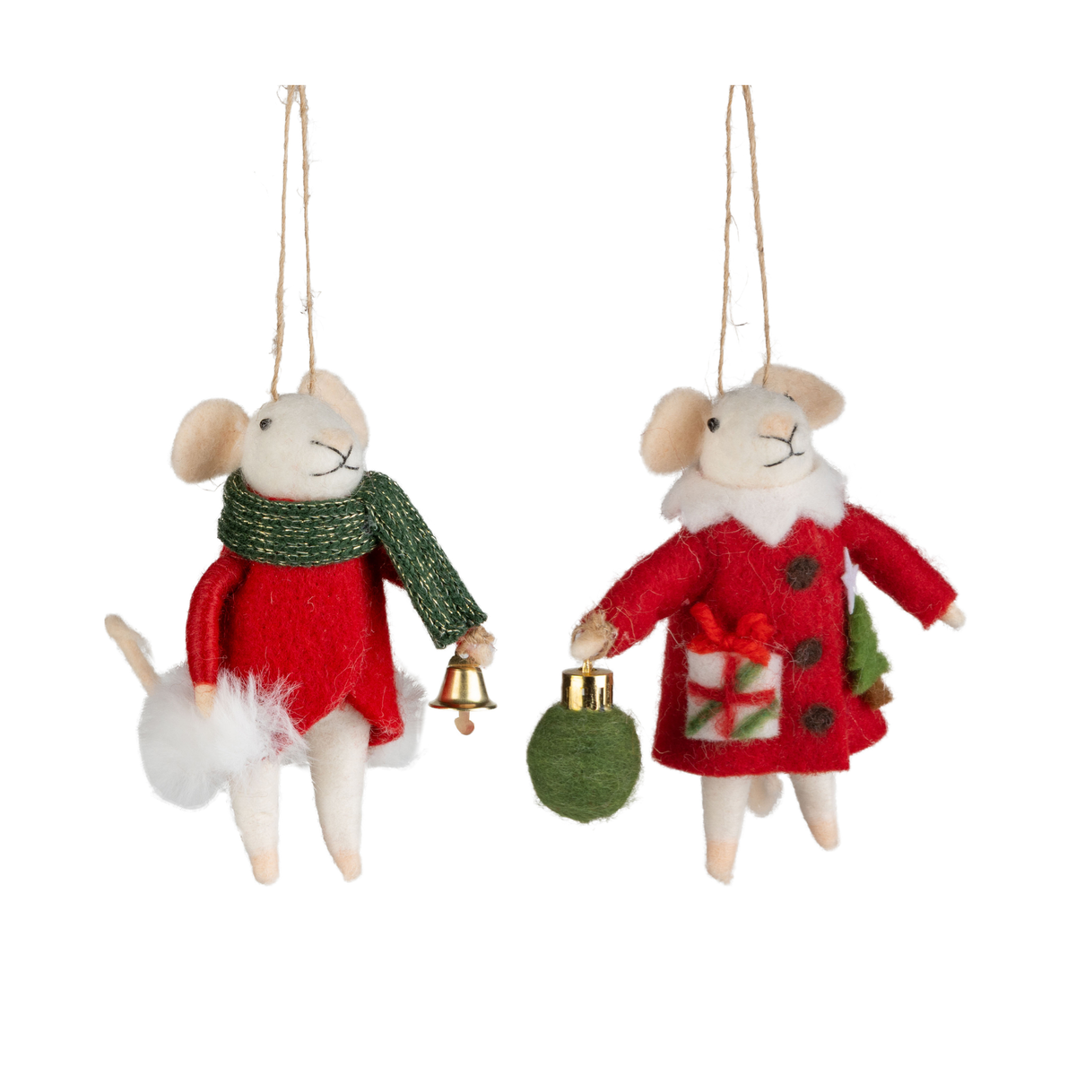 Felt mouse orn, red & green outfits 4.5in