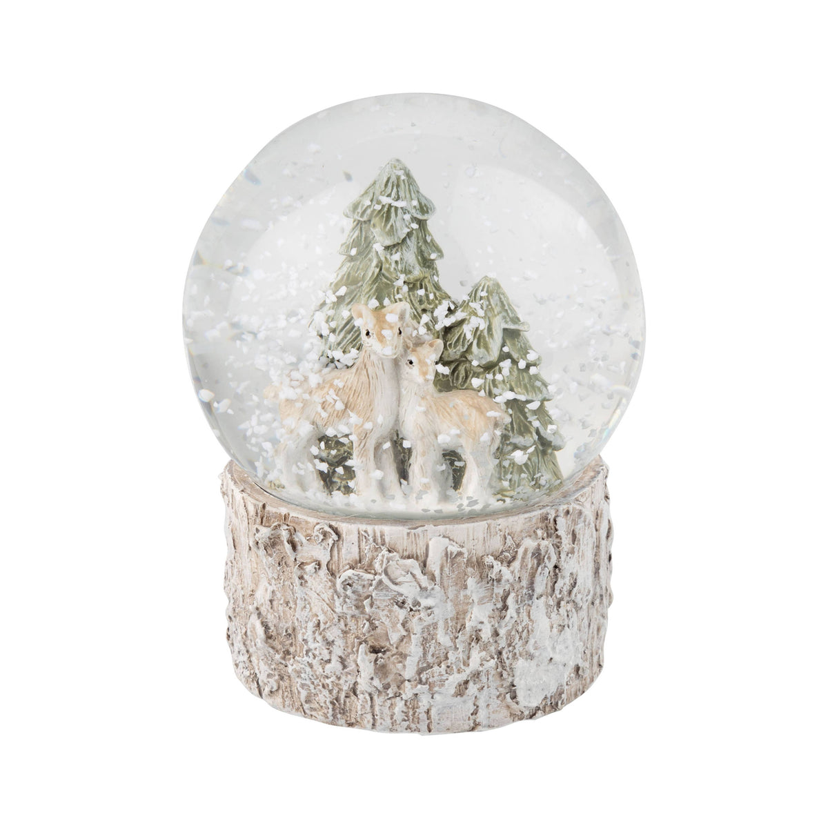 Resin snow globe w/ deer,faun/tree,textured white