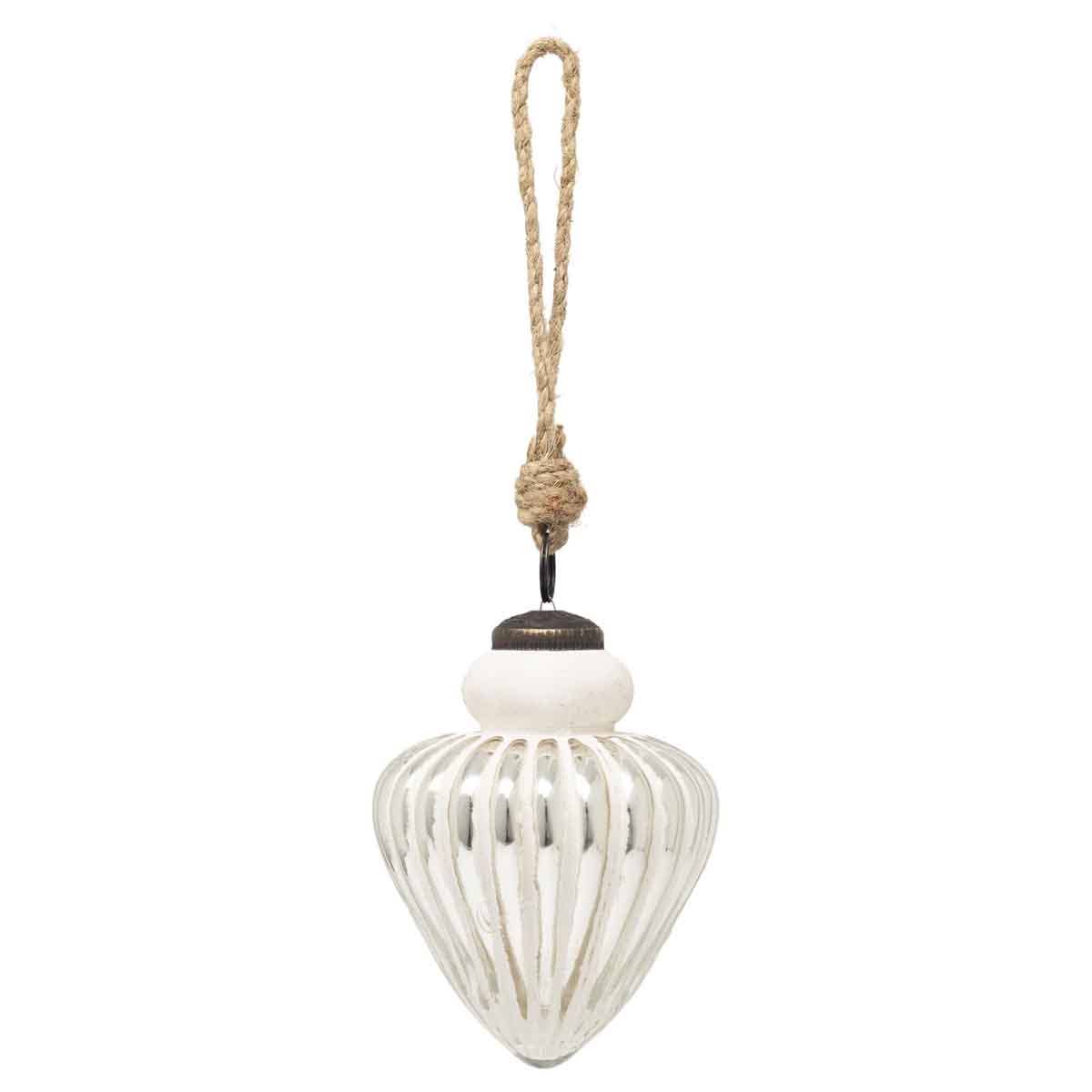 White Ribbed Teardrop Glass Christmas Ornament