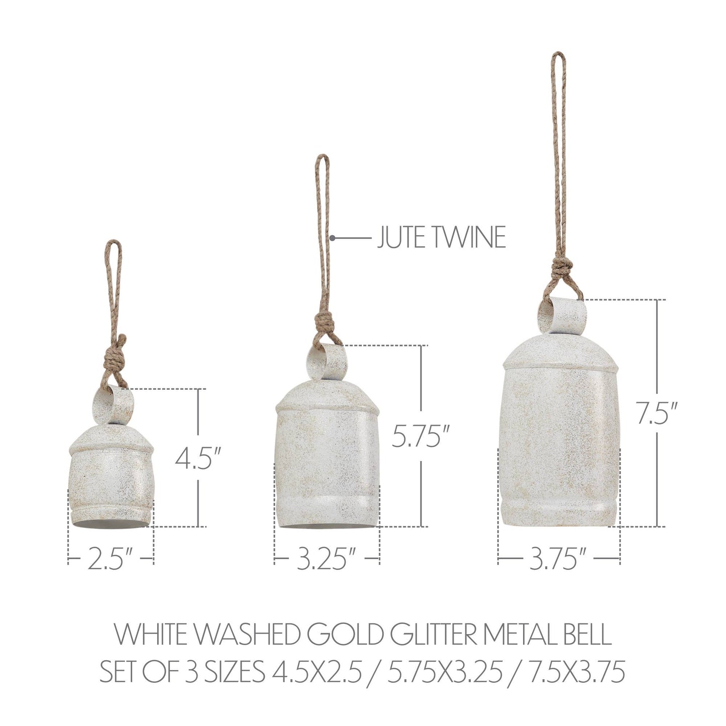 White Washed Gold Glitter Metal Bell Set 3pc