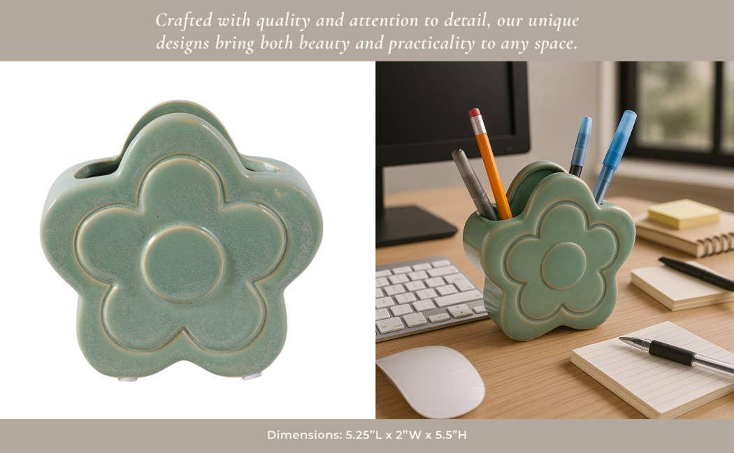 Green Ceramic Sculpted Flower Pencil Cup 6"
