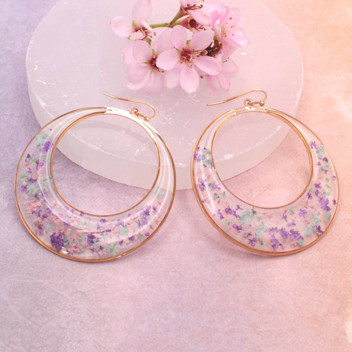 Purple Mint Posy Dried Flower Circle Earrings