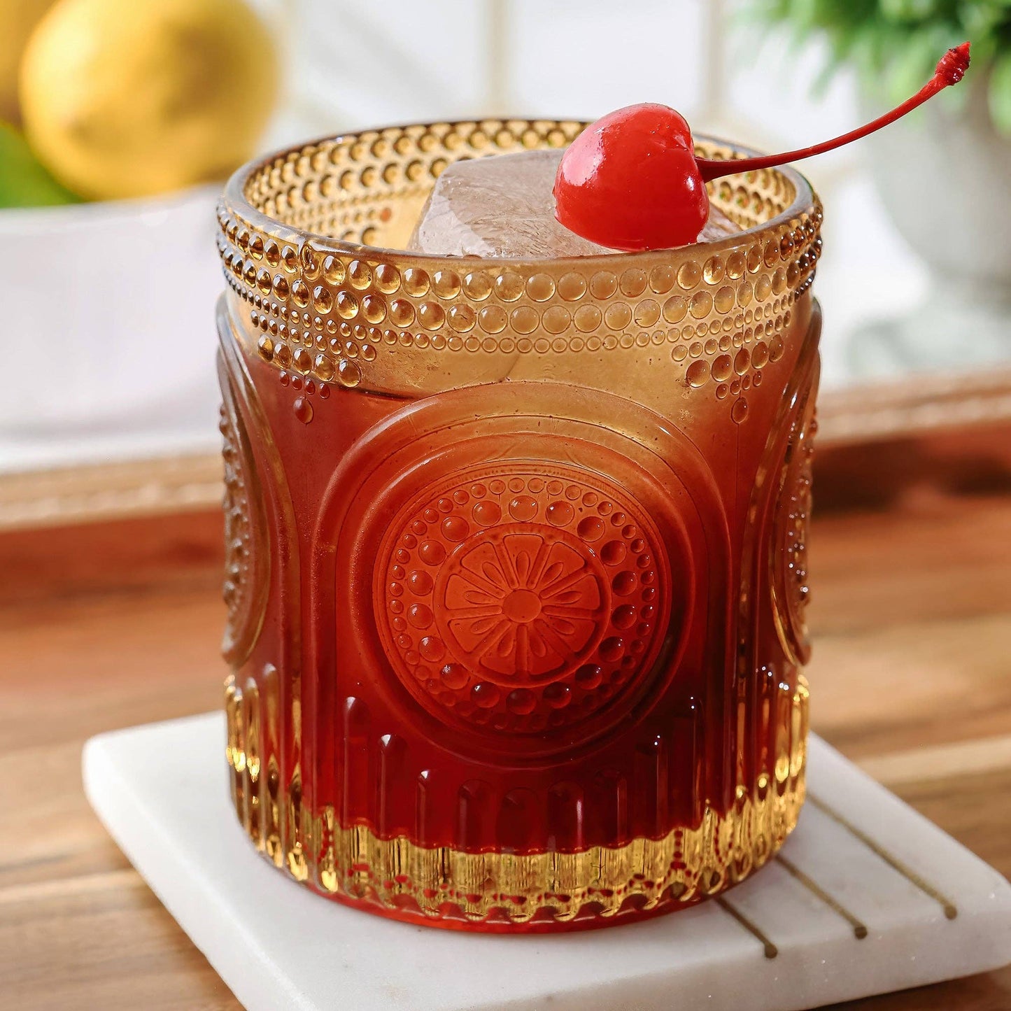 10 oz. Ribbed Retro Arch Floral Amber Drinking Glasses (Set