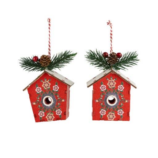 Wood birdhouse,floral scandi orn, 3in