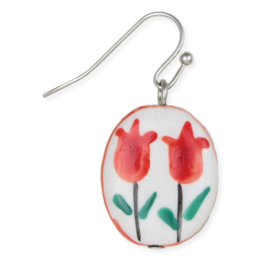 Red Tulips Ceramic Oval Earrings
