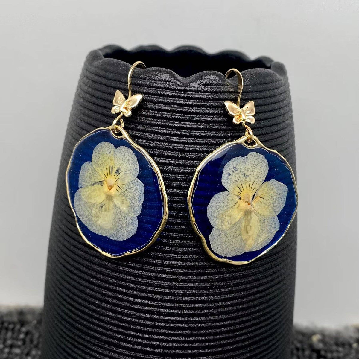 Pressed Dried Flowers Blue Tone Dangle Earrings - PDF