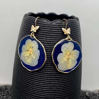 Pressed Dried Flowers Blue Tone Dangle Earrings - PDF