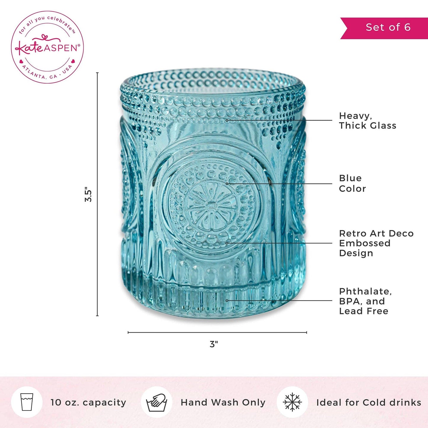 10 oz. Ribbed Retro Arch Floral Aqua Blue Glass