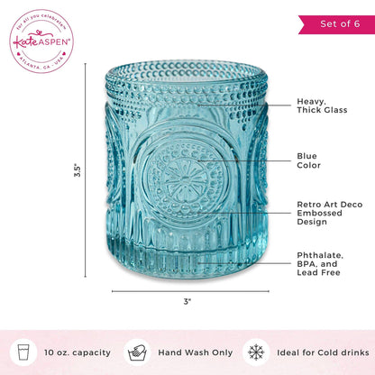 10 oz. Ribbed Retro Arch Floral Aqua Blue Glass