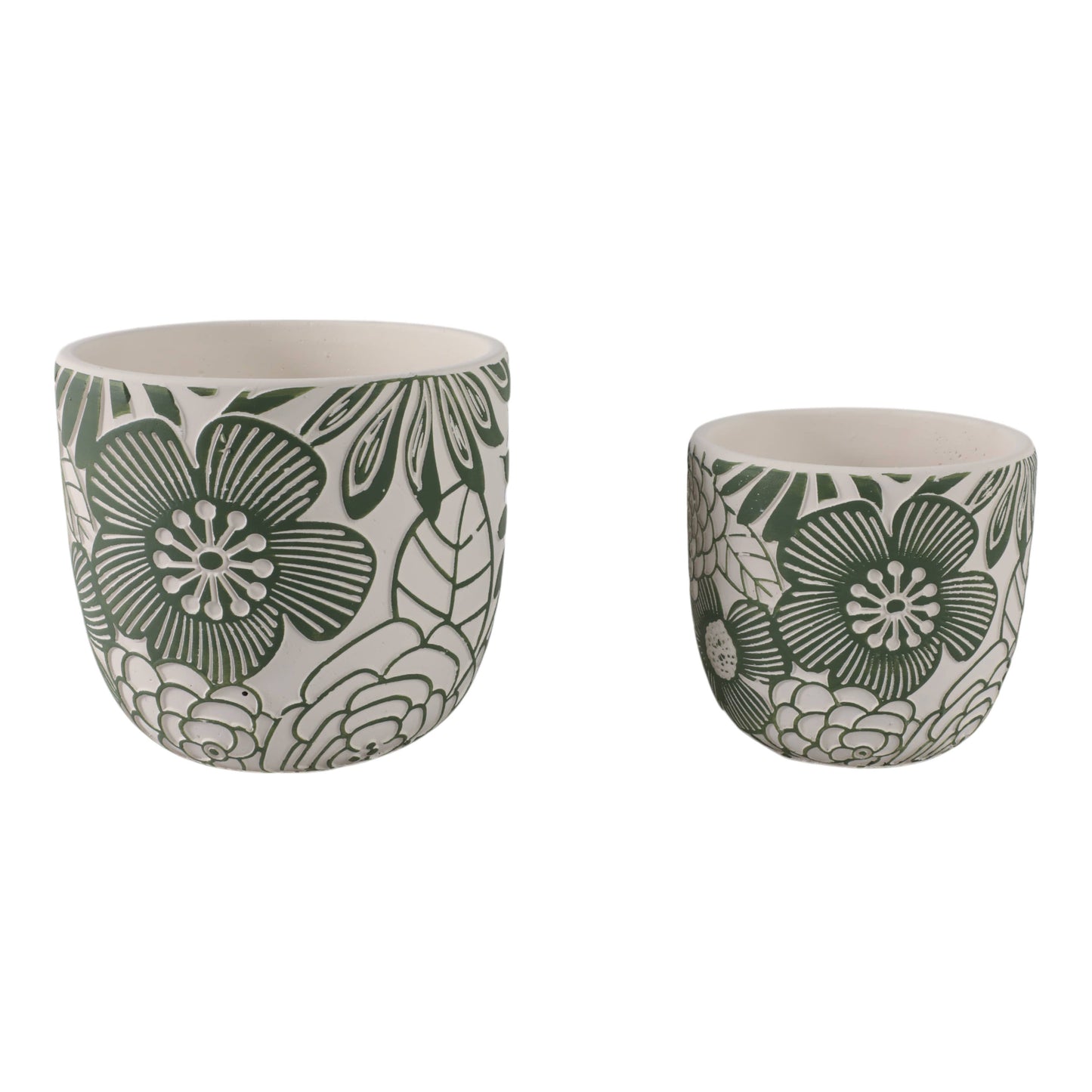 White & Green Ceramic Carved Floral Planters Two Sizes, 6"/8"