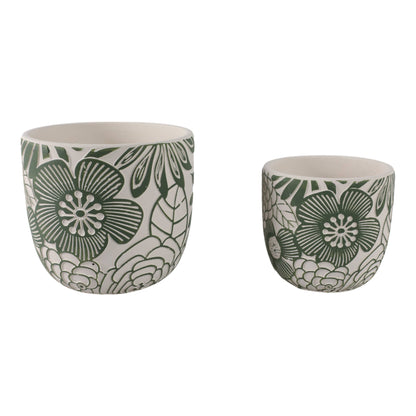 White & Green Ceramic Carved Floral Planters Two Sizes, 6"/8"