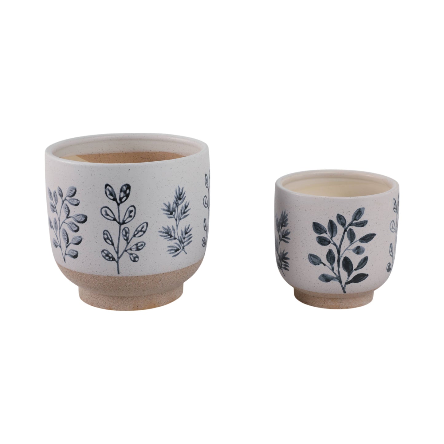 Plant Pots Blue & White Ceramic Painted Leaf Two Sizes 6"/8 "