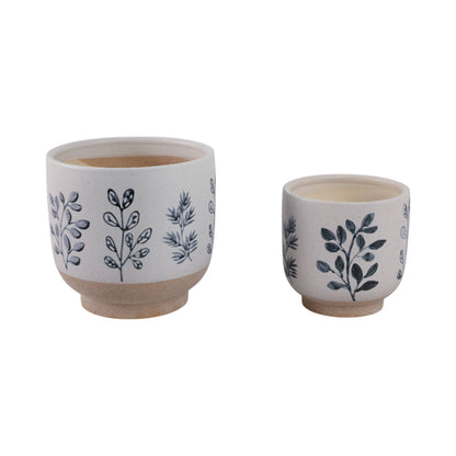 Plant Pots Blue & White Ceramic Painted Leaf Two Sizes 6"/8 "