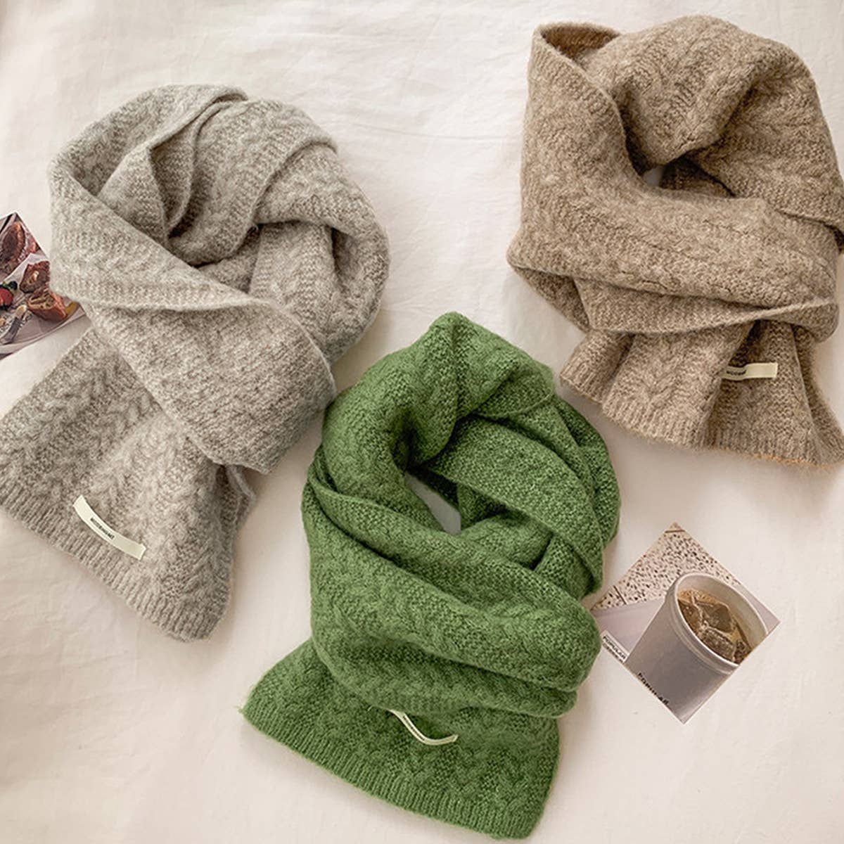 Avocado Green Wool Cable Knit Winter Scarf