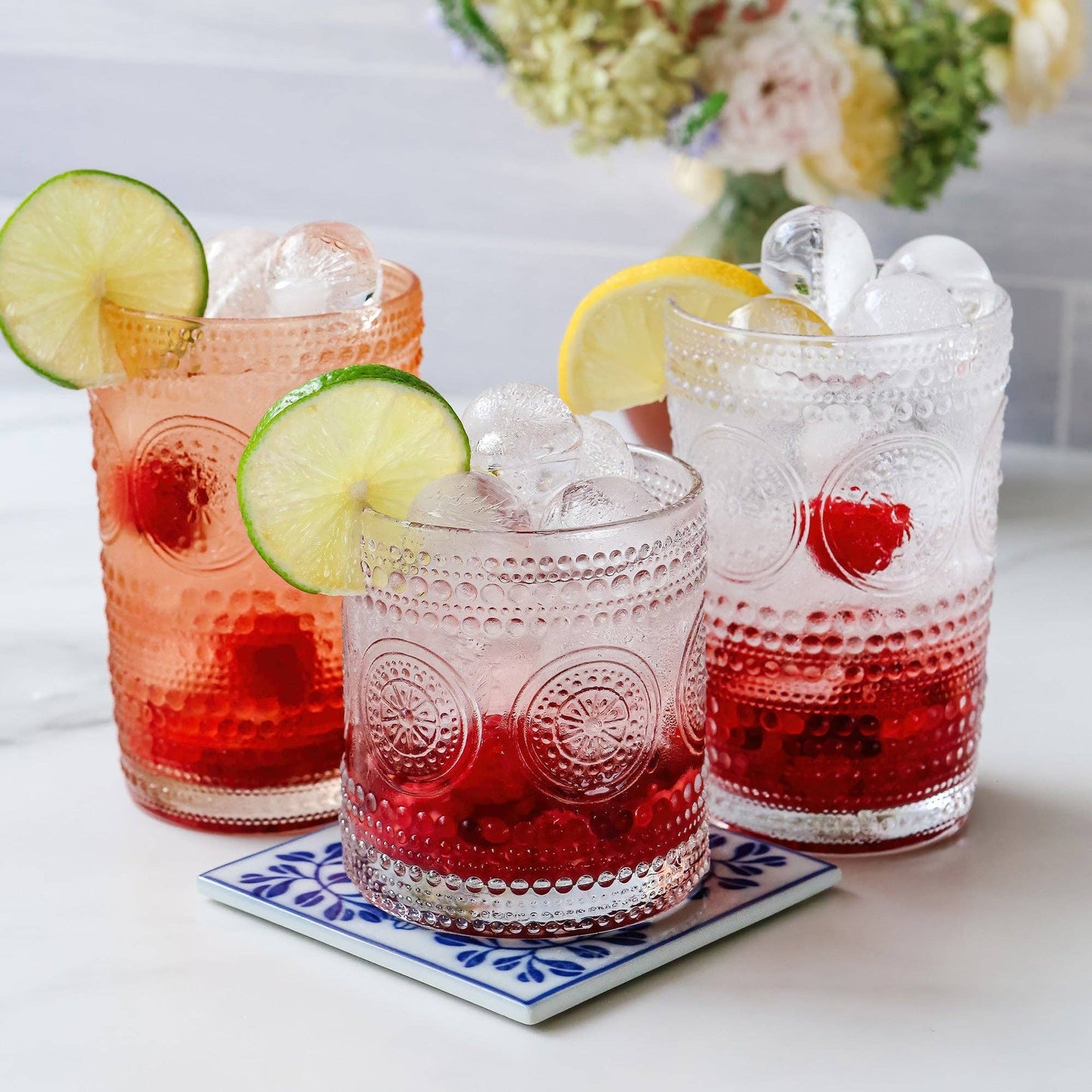 10 oz. Hobnail Beaded Floral Clear Drinking Glasses (Set of