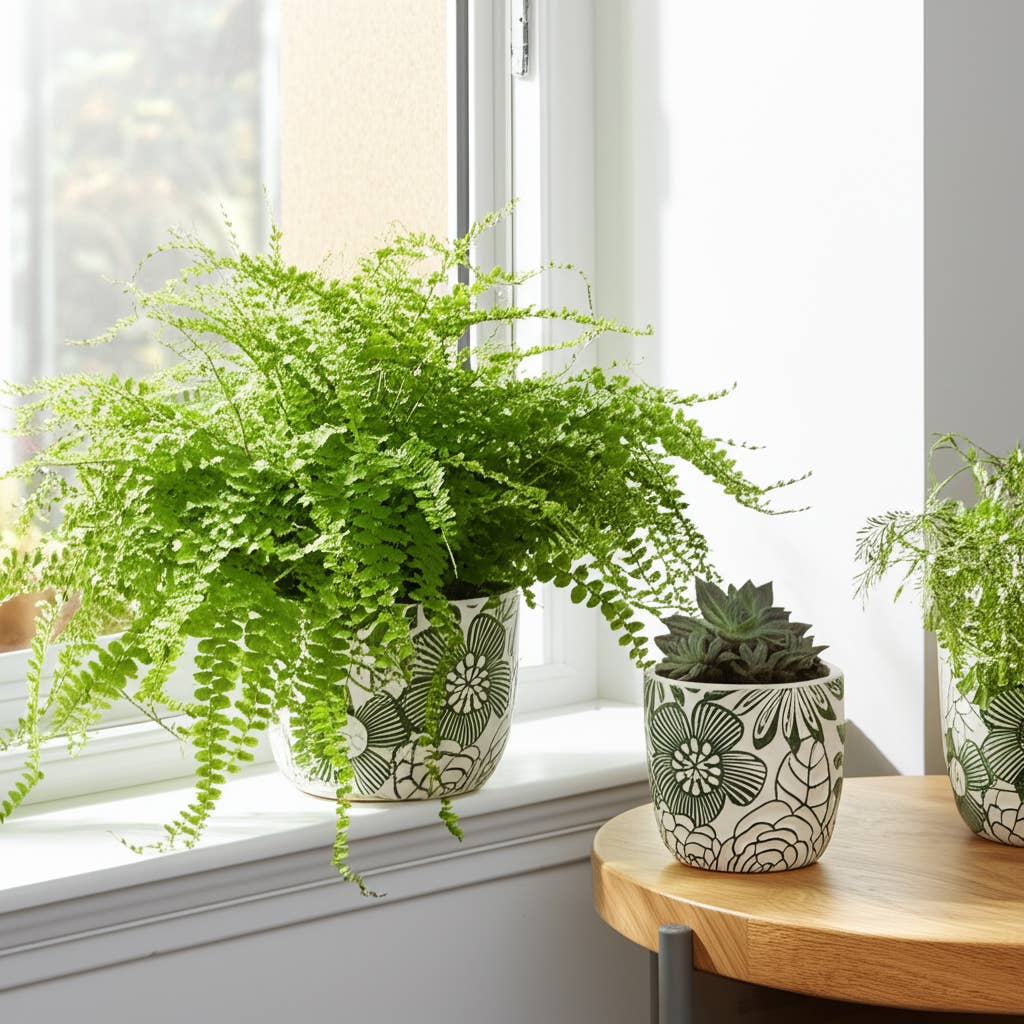 White & Green Ceramic Carved Floral Planters Two Sizes, 6"/8"