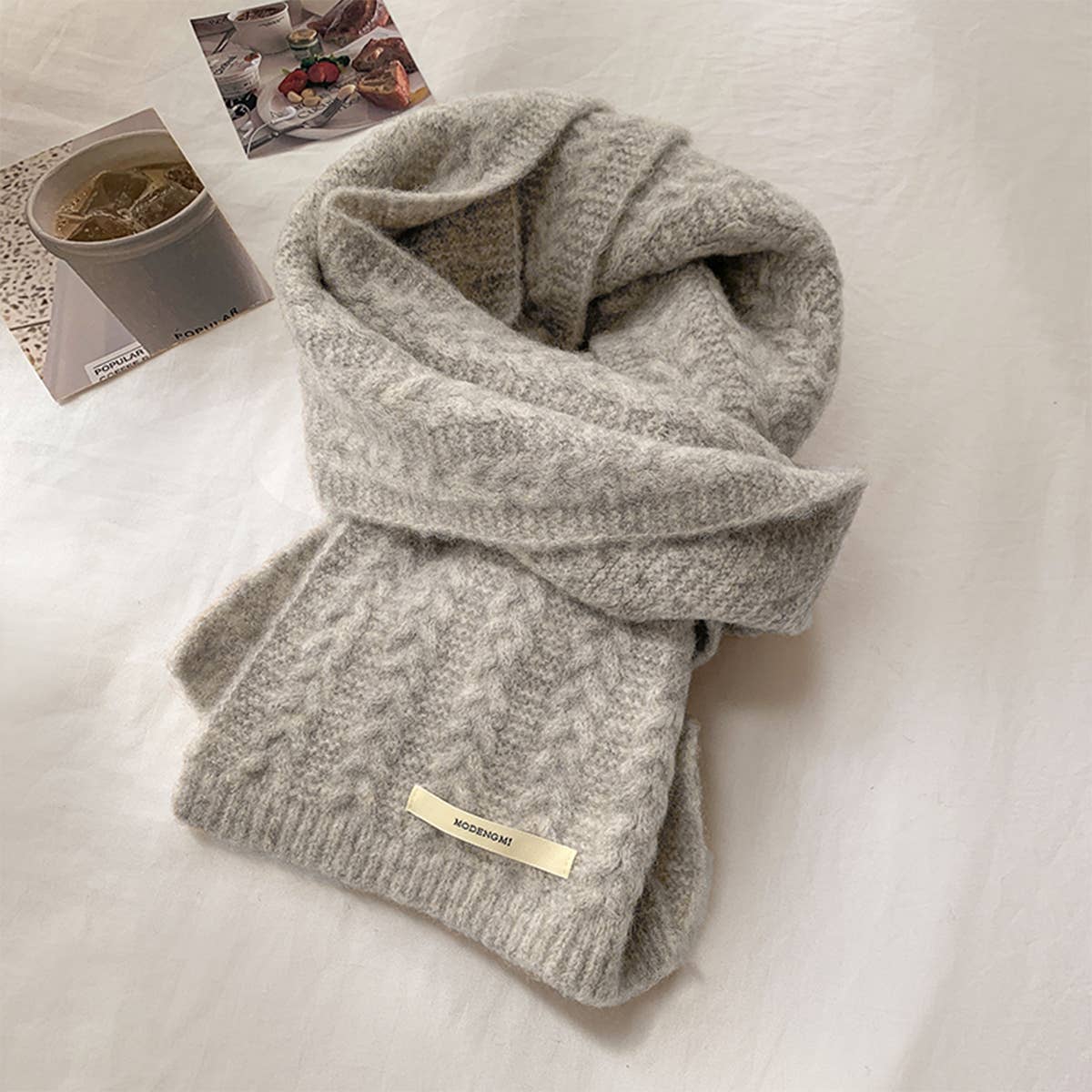 Avocado Green Wool Cable Knit Winter Scarf