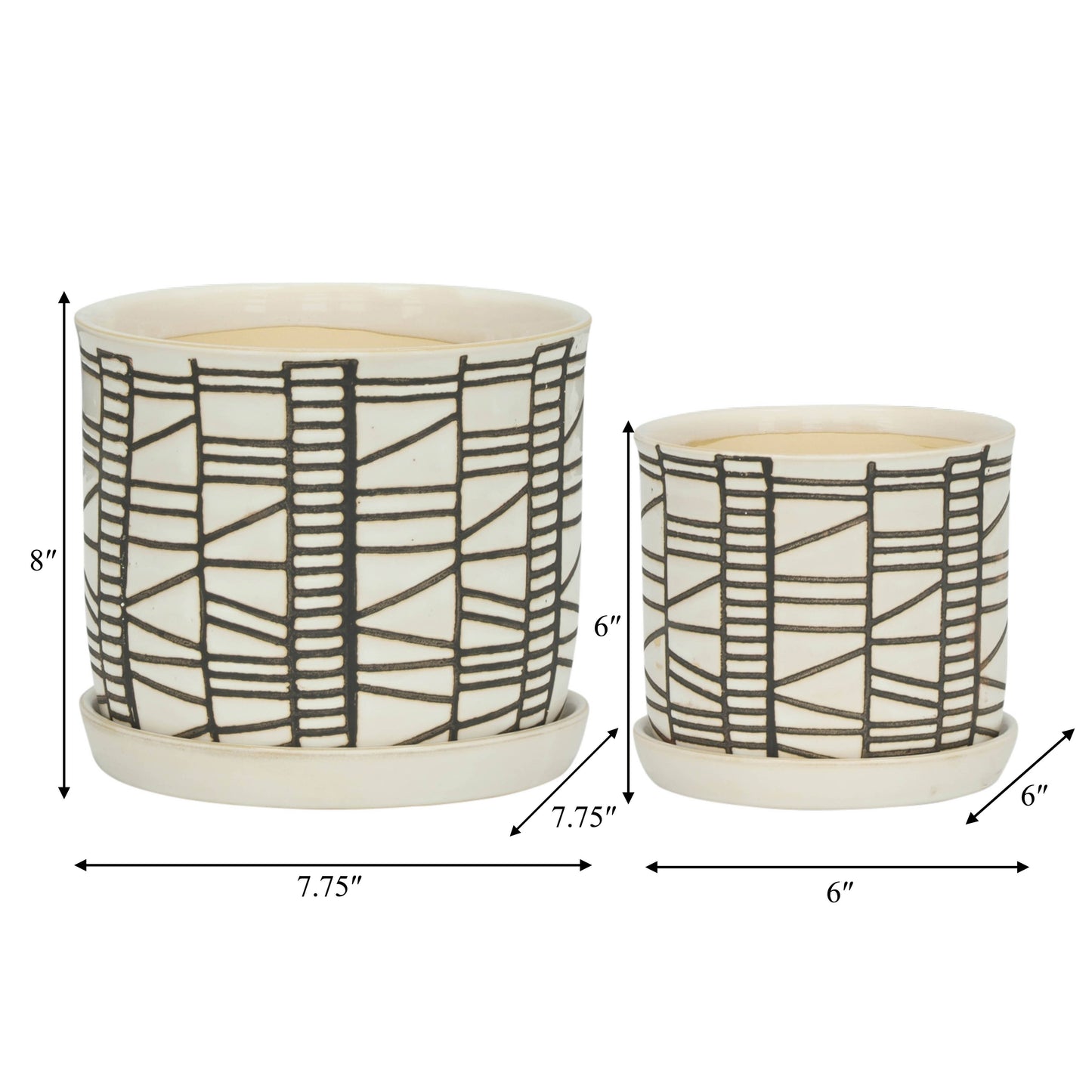 Beige Ceramic Geometric Planter & Saucer Two Sizes 6"/8"