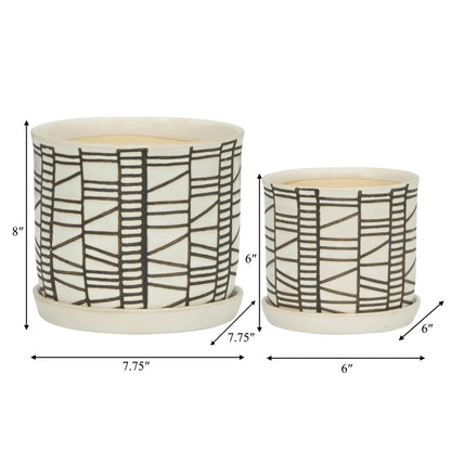 Beige Ceramic Geometric Planter & Saucer Two Sizes 6"/8"