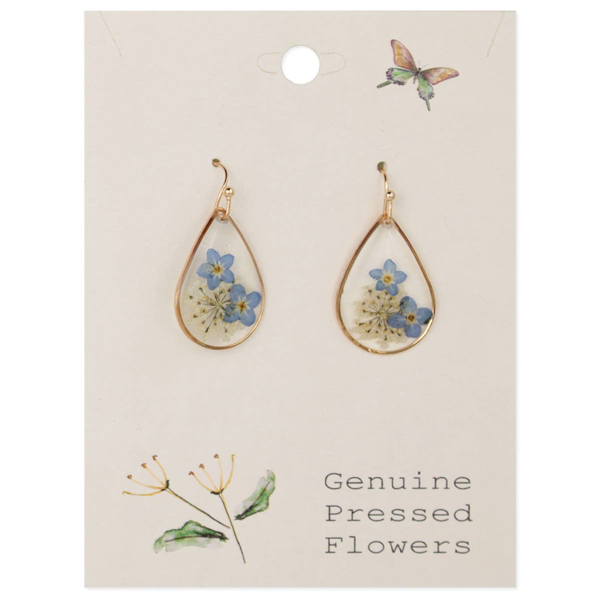 Cottage Blue Dried Flower Gold Teardrop Earrings