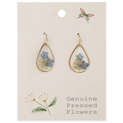Cottage Blue Dried Flower Gold Teardrop Earrings