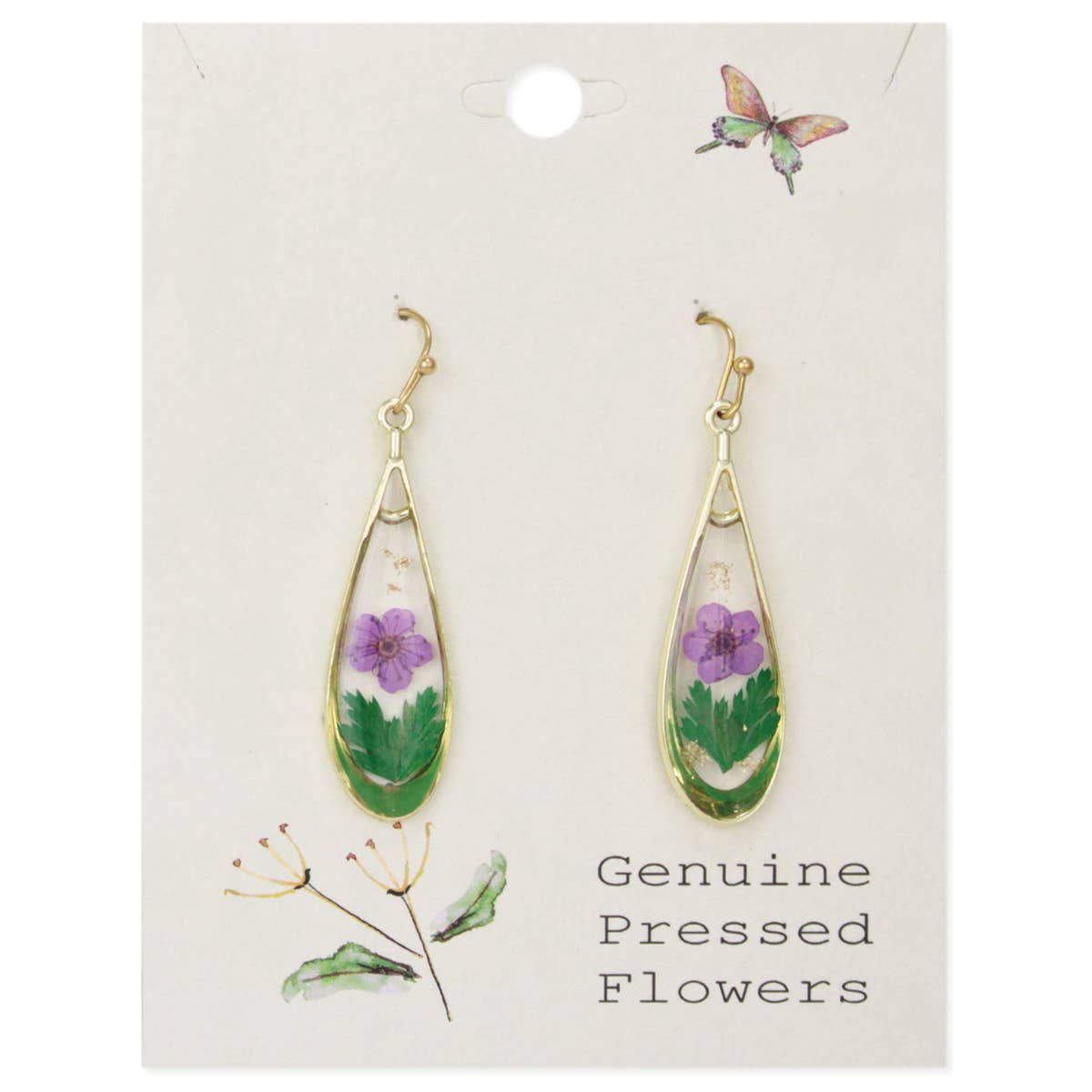 Purple Flower Gold Teardrop Dried Flower Earrings