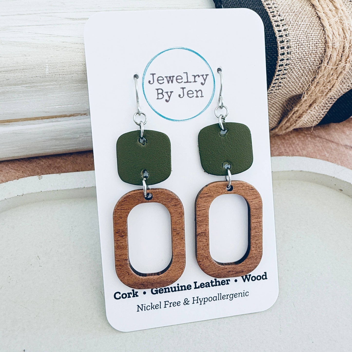 Wood Cutout Rectangle & Army Green Rounded Square Earrings