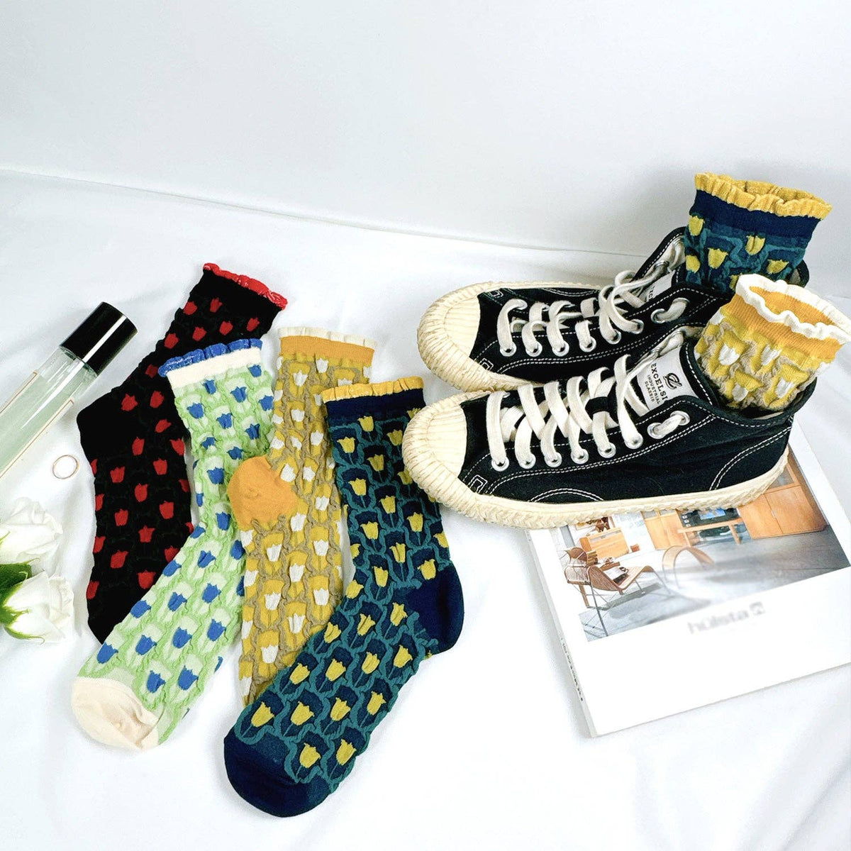Women's Crew Glitter Frill Flower Socks
