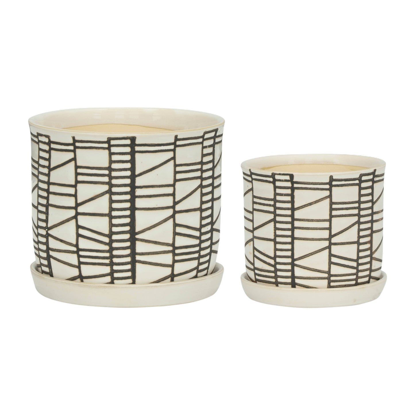 Beige Ceramic Geometric Planter & Saucer Two Sizes 6"/8"