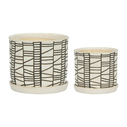 Beige Ceramic Geometric Planter & Saucer Two Sizes 6"/8"
