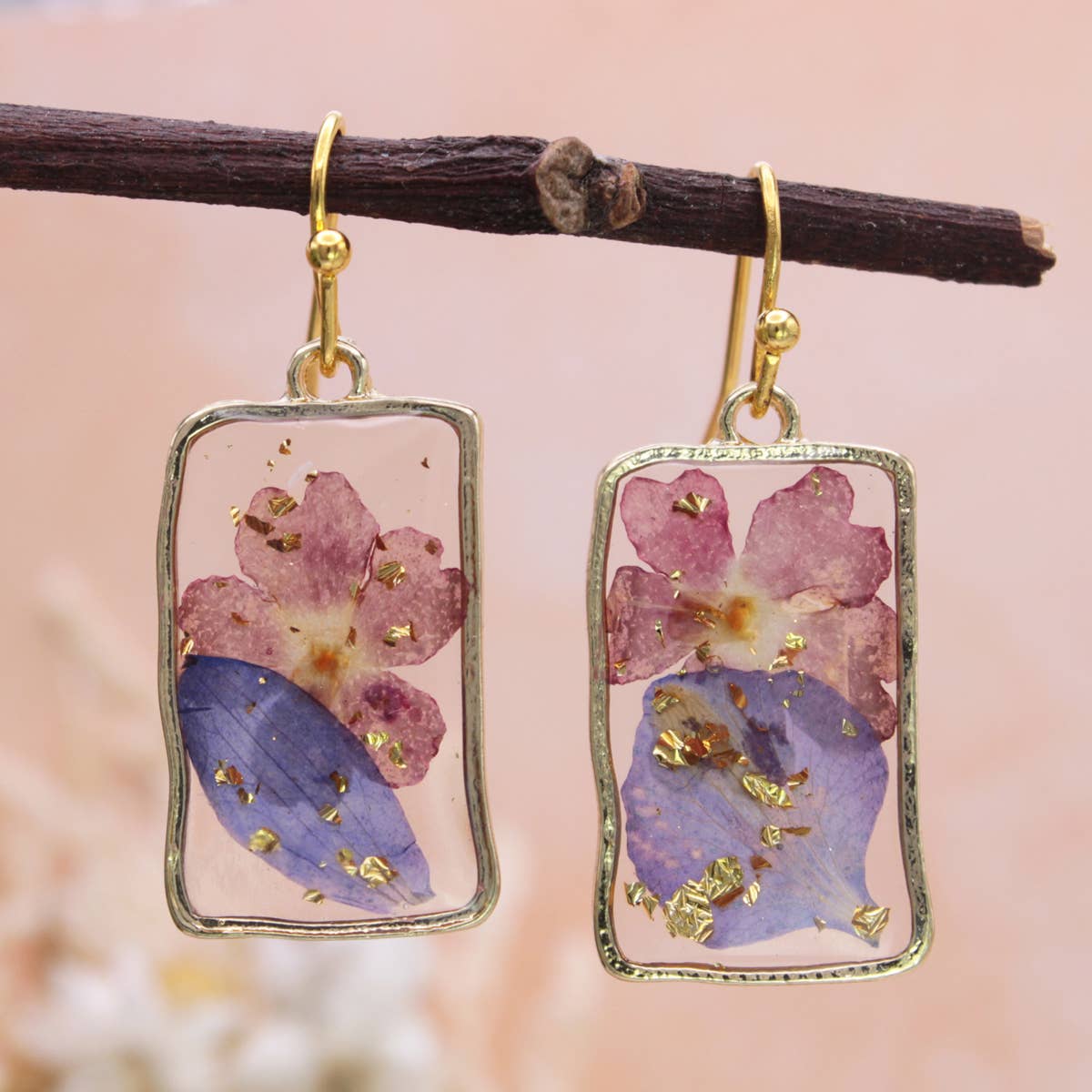 Purple Pink Dried Flower Rectangle Gold Earrings