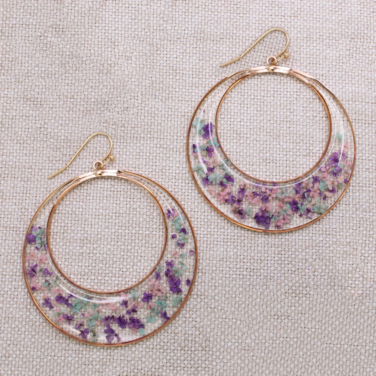 Purple Mint Posy Dried Flower Circle Earrings