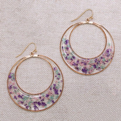 Purple Mint Posy Dried Flower Circle Earrings