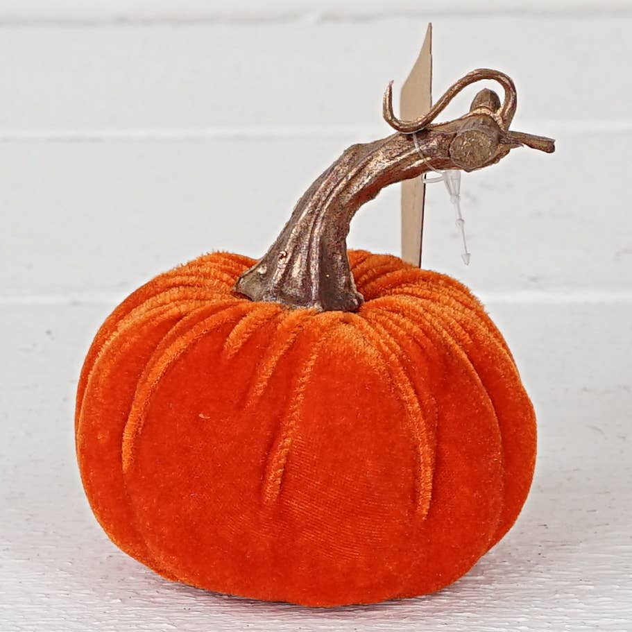 4" Orange Velvet Pumpkin with Golden Stem