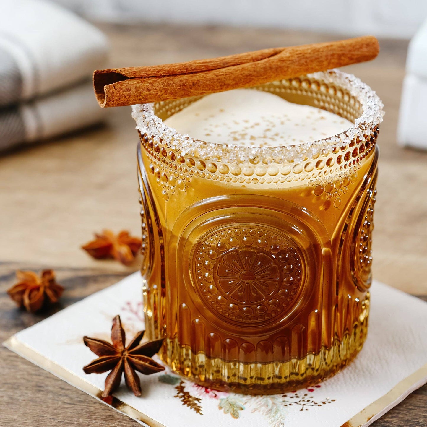 10 oz. Ribbed Retro Arch Floral Amber Drinking Glasses (Set
