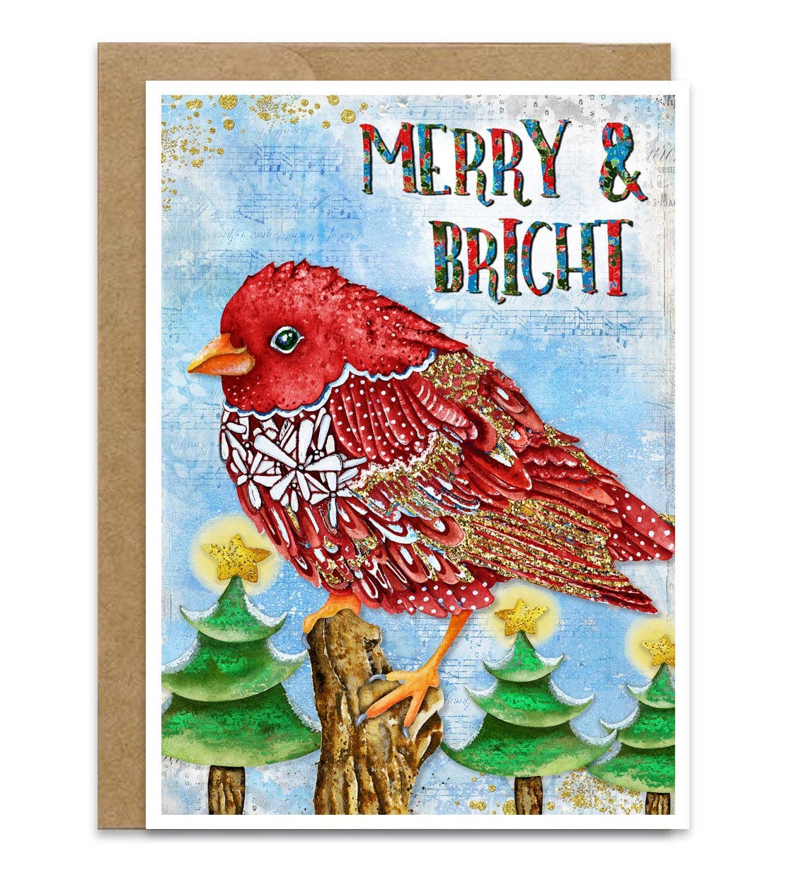 Merry & Bright Bird Greeting Card - Christmas Bird And Festive Trees Art