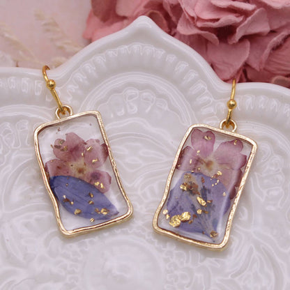 Purple Pink Dried Flower Rectangle Gold Earrings