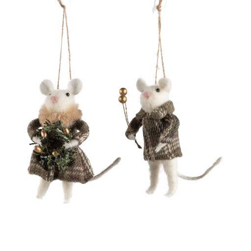 Felt mice ornaments green tweed 4.25 in