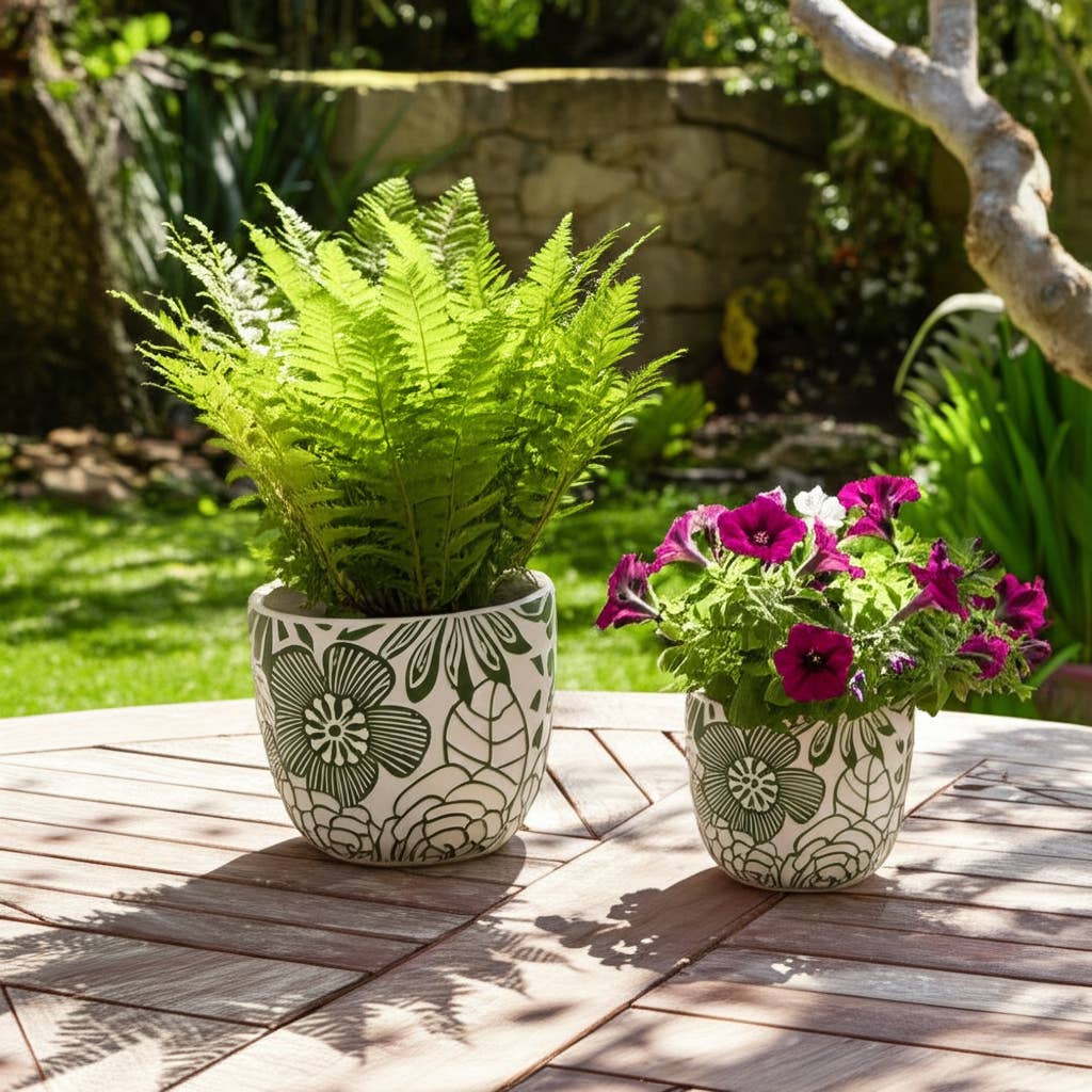 White & Green Ceramic Carved Floral Planters Two Sizes, 6"/8"