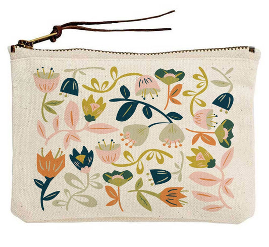 Floral Vines Navy & Peach Canvas Pouch