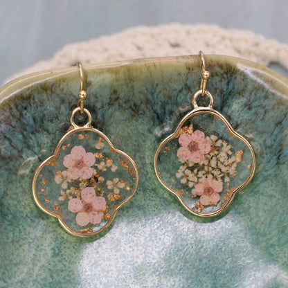 Pink Dried Flower Gold Clover Earrings