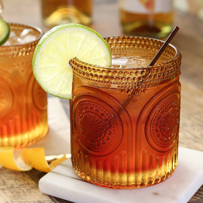 10 oz. Ribbed Retro Arch Floral Amber Drinking Glasses (Set