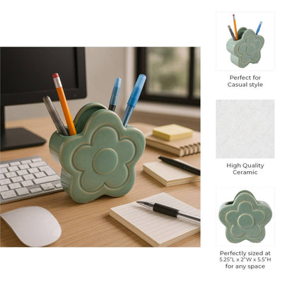 Green Ceramic Sculpted Flower Pencil Cup 6"