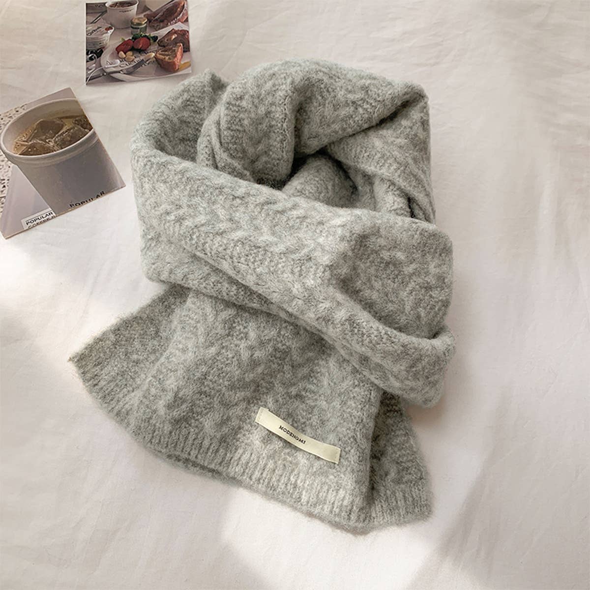 Avocado Green Wool Cable Knit Winter Scarf