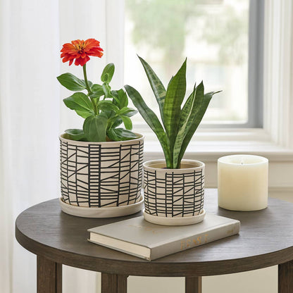 Beige Ceramic Geometric Planter & Saucer Two Sizes 6"/8"