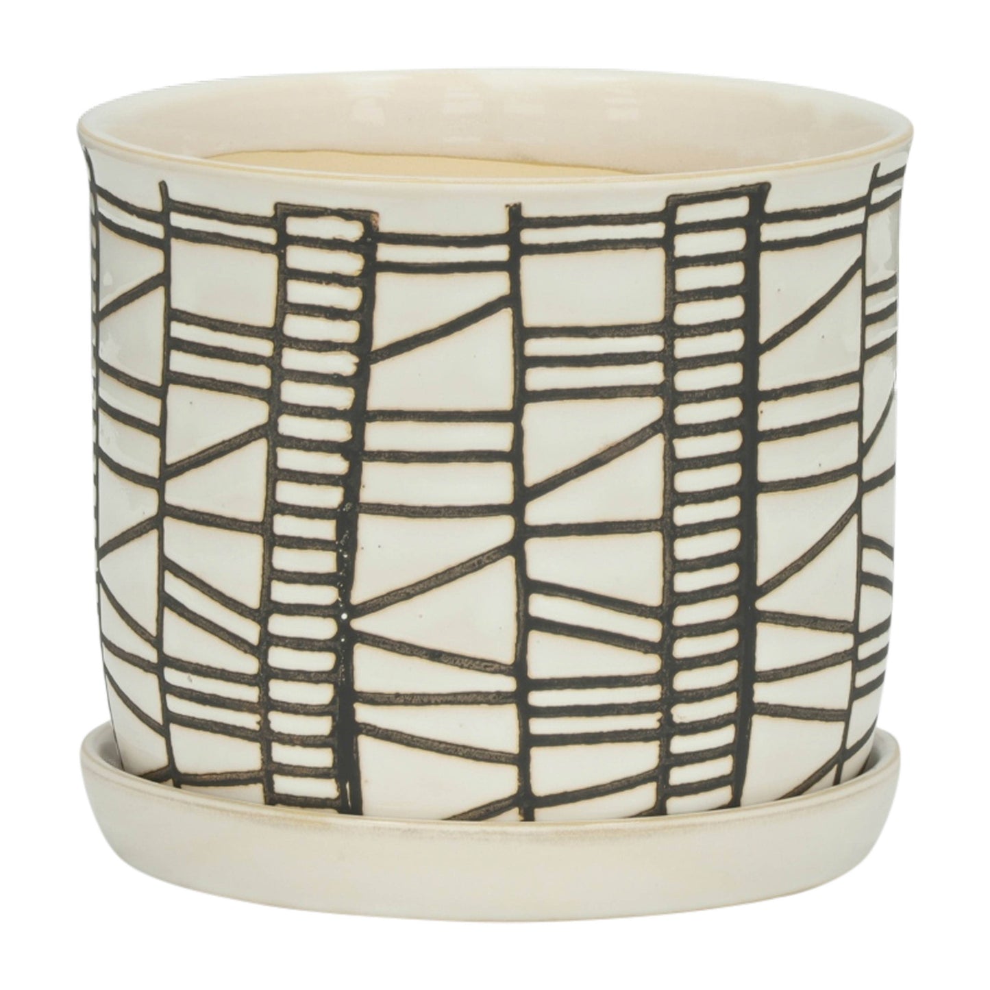 Beige Ceramic Geometric Planter & Saucer Two Sizes 6"/8"