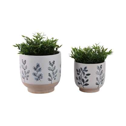 Plant Pots Blue & White Ceramic Painted Leaf Two Sizes 6"/8 "