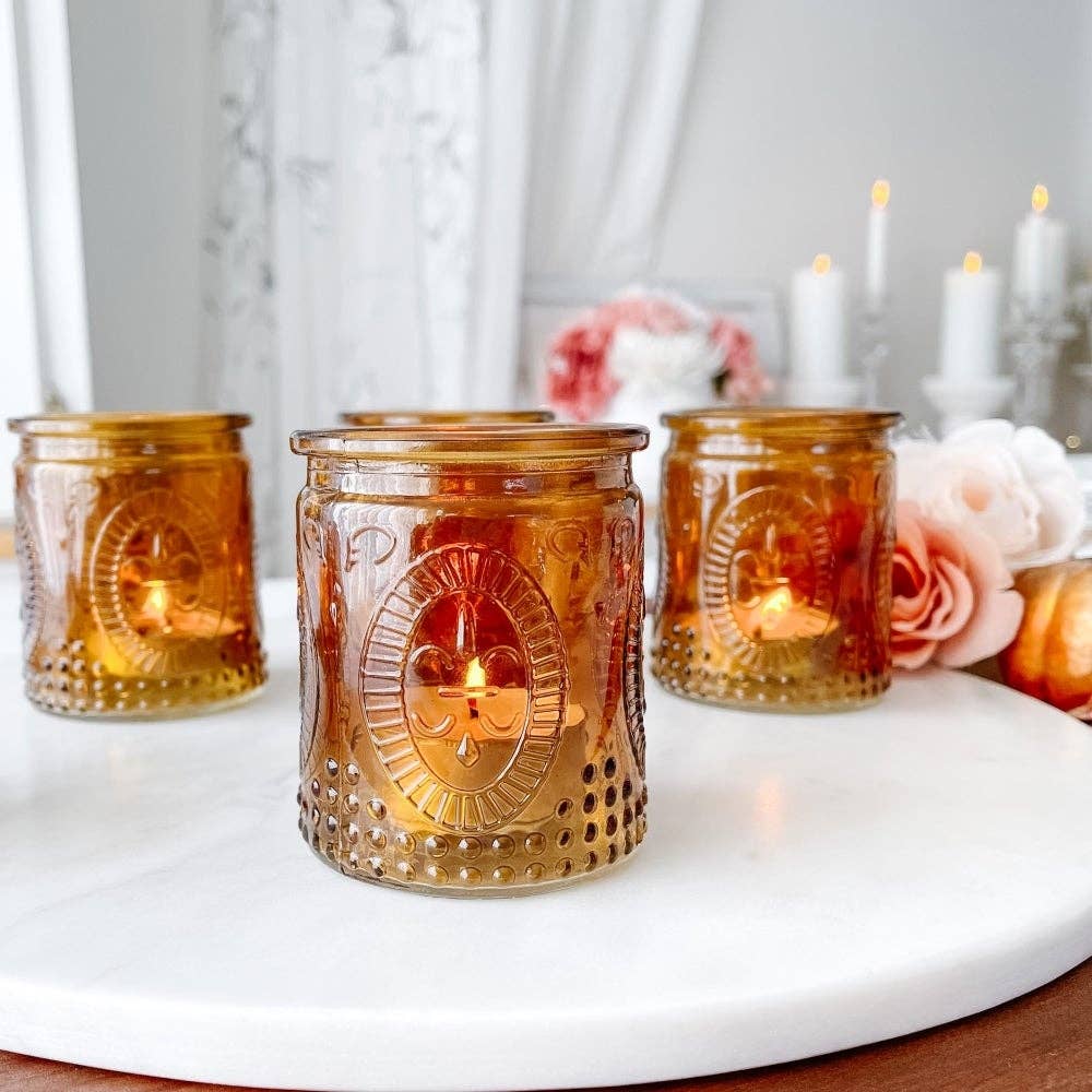 Vintage Amber Glass Tea Light Holder (Set of 4)